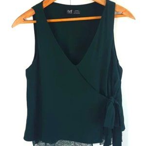 ZARA V-Neck Lace Trim Sleeveless Wrap Blouse Size Small Dark Green